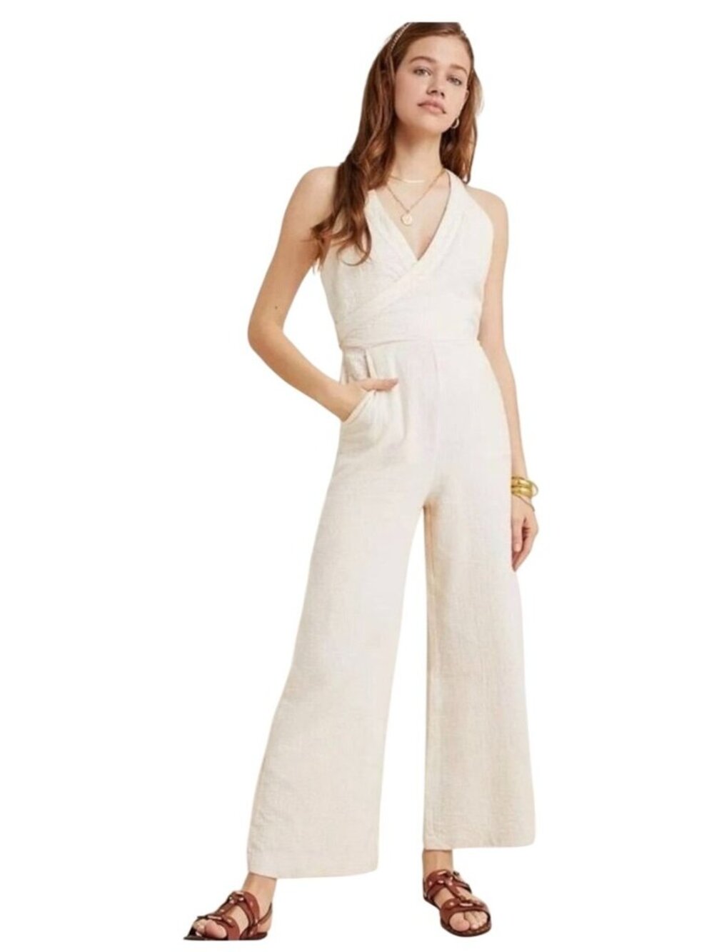 Anthropologie Demi Textured Jumpsuit in a cream featuring a wide-leg design